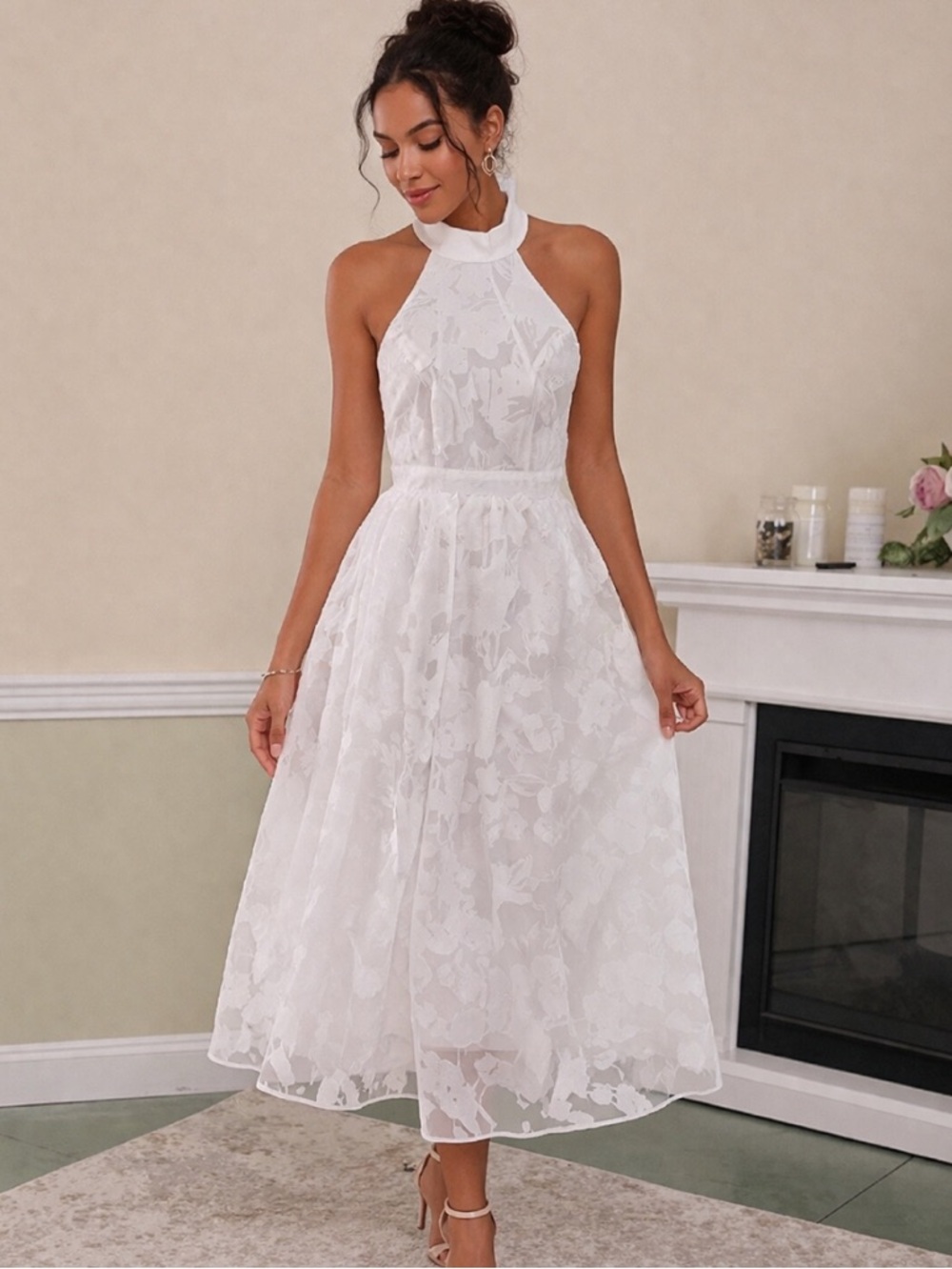 LULUS White Lacy Crochet Open Back Halter Midi Dress Size XS NWT